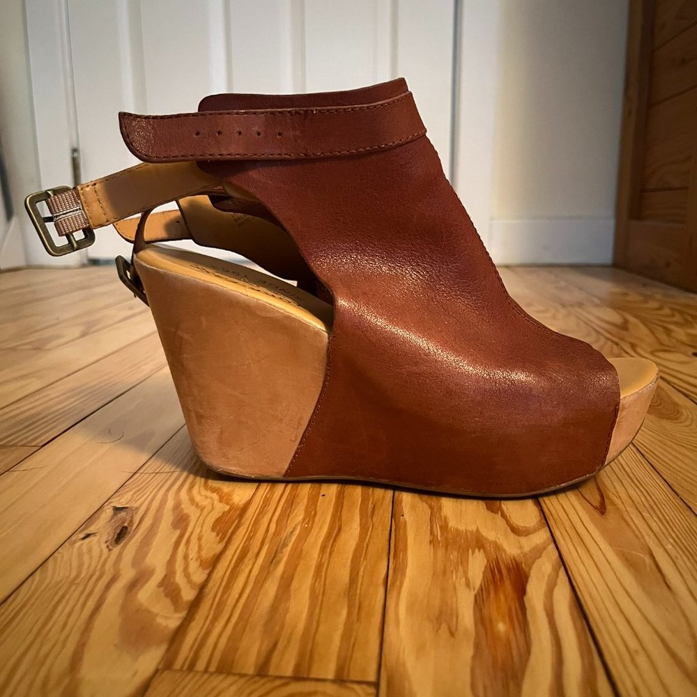 Women's Cognac Brown Berit Leather Peep-Toe Wedge Sandals 7 - Picture 3 of 4